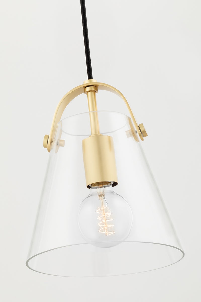 Mitzi Karin Mini Pendant Light with Clear Glass Shade and Glossy Metal Strap Holder in Aged Brass or Polished Nickel