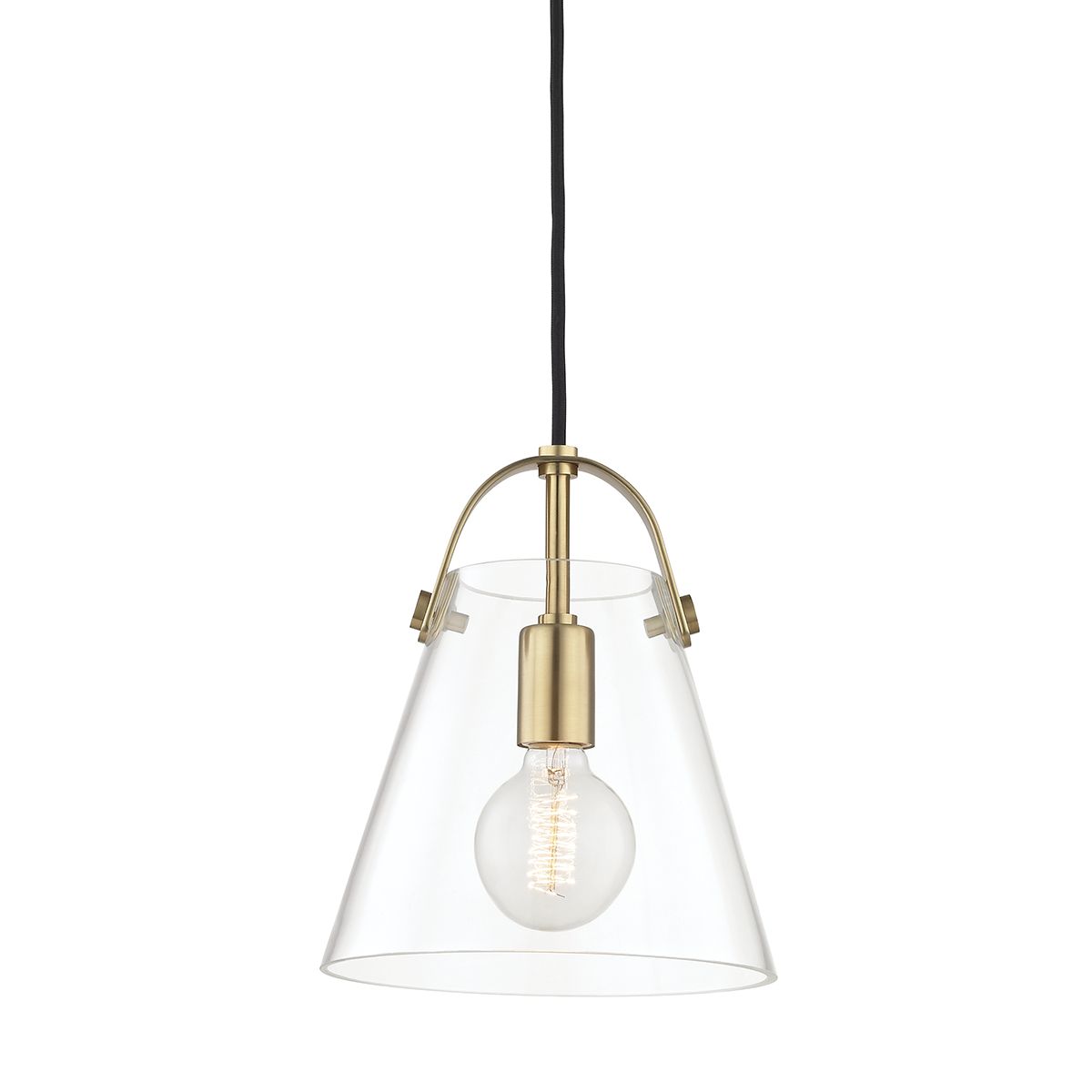 Mitzi Karin Mini Pendant Light with Clear Glass Shade and Glossy Metal Strap Holder in Aged Brass or Polished Nickel