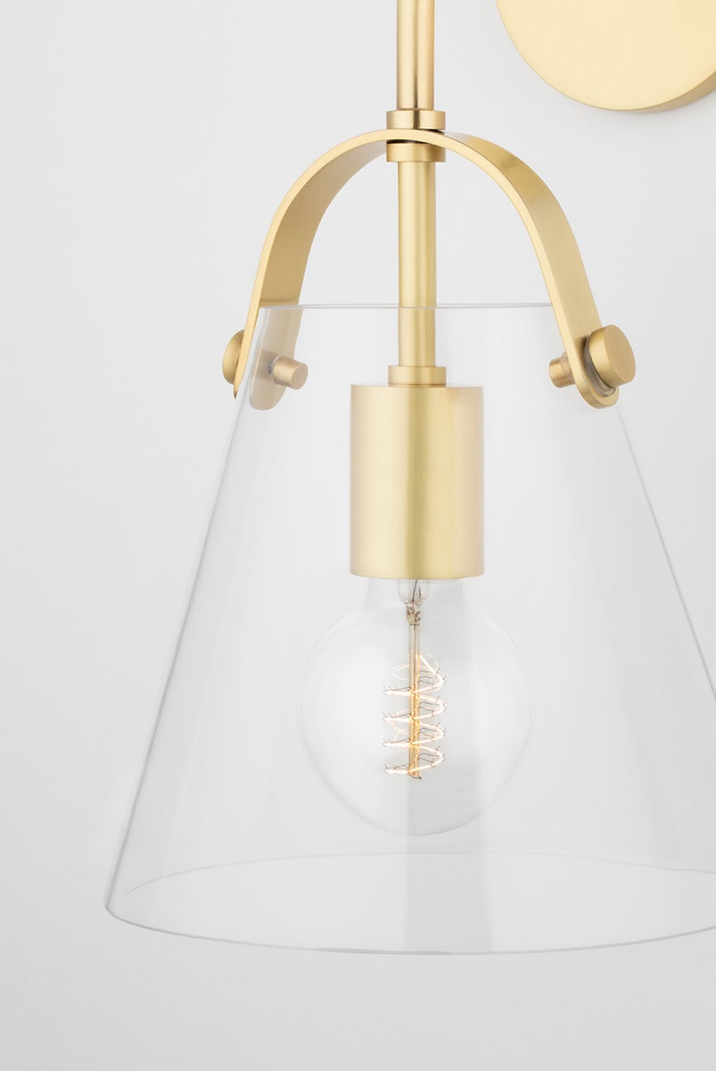 Mitzi Karin Sconce - Modern Design with Clear Glass Shade and Chic Metal Strap, Aged Brass or Polished Nickel