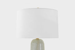 Mitzi-Kel Table Lamp with Reactive Ash Ceramic Body and White Linen Shade, Aged Brass Accents