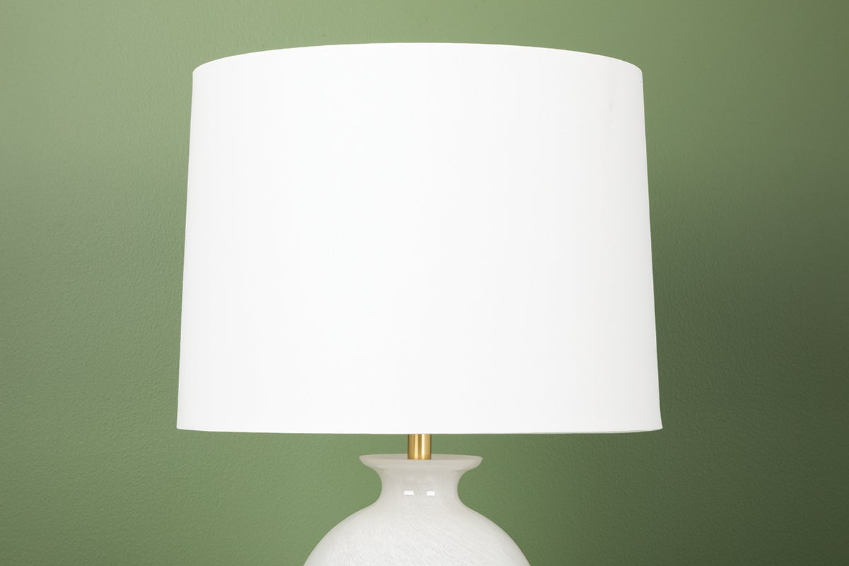 Mitzi-Laney Table Lamp With Cloud Glass Base And Aged Brass Accents, White Linen Drum Shade