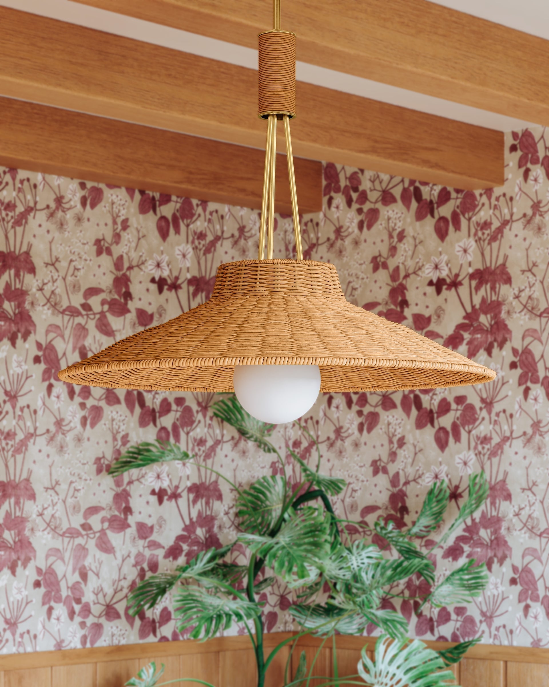 Mitzi Laudine Woven Wicker Pendant Light in Aged Brass - Vintage-Inspired Straw Hat Design