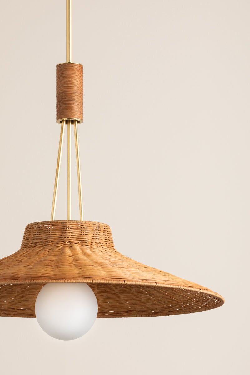 Mitzi Laudine Woven Wicker Pendant Light in Aged Brass - Vintage-Inspired Straw Hat Design