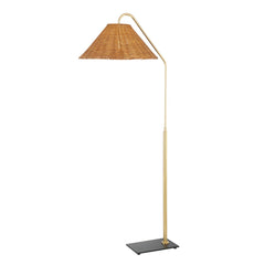 Mitzi Lauren Floor Lamp with Woven Rattan Shade and Aged Brass Stem - Rustic Modern Design