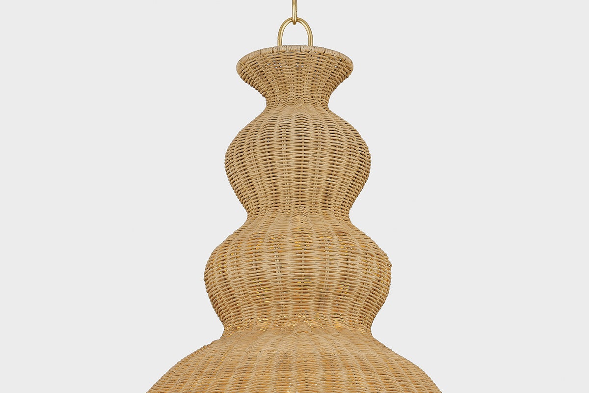 Mitzi-Mayla Large Pendant Light - Woven Rattan Shade with Aged Brass Chain, Coastal-Inspired Elegance