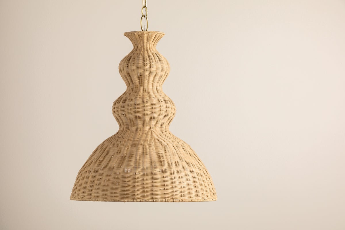 Mitzi-Mayla Large Pendant Light - Woven Rattan Shade with Aged Brass Chain, Coastal-Inspired Elegance