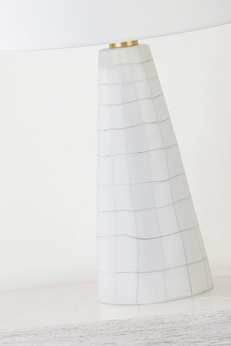 Mitzi-Melinda Table Lamp - Hand-Painted Satin White Ceramic Base with Whimsical White Linen Shade and Aged Brass Accents