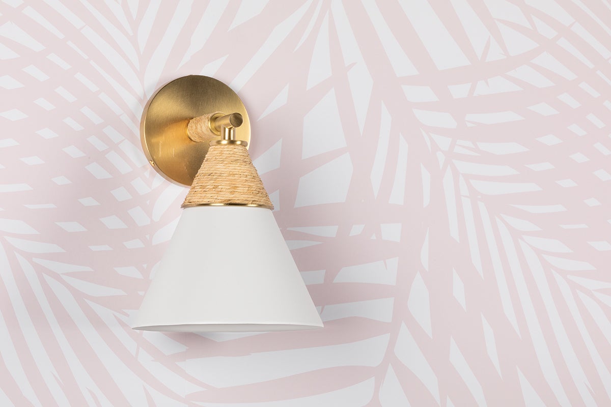 Mitzi Mica Wall Light with Aged Brass Accents and Opal Glass Shade for Coastal-Inspired Interiors