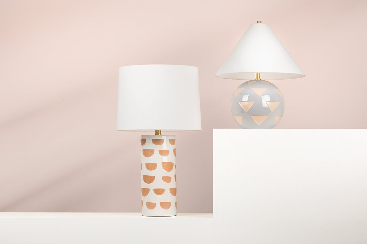 Mitzi-Minnie Table Lamp - Handmade Satin White Ceramic with Geometric Patterns and Aged Brass Accents