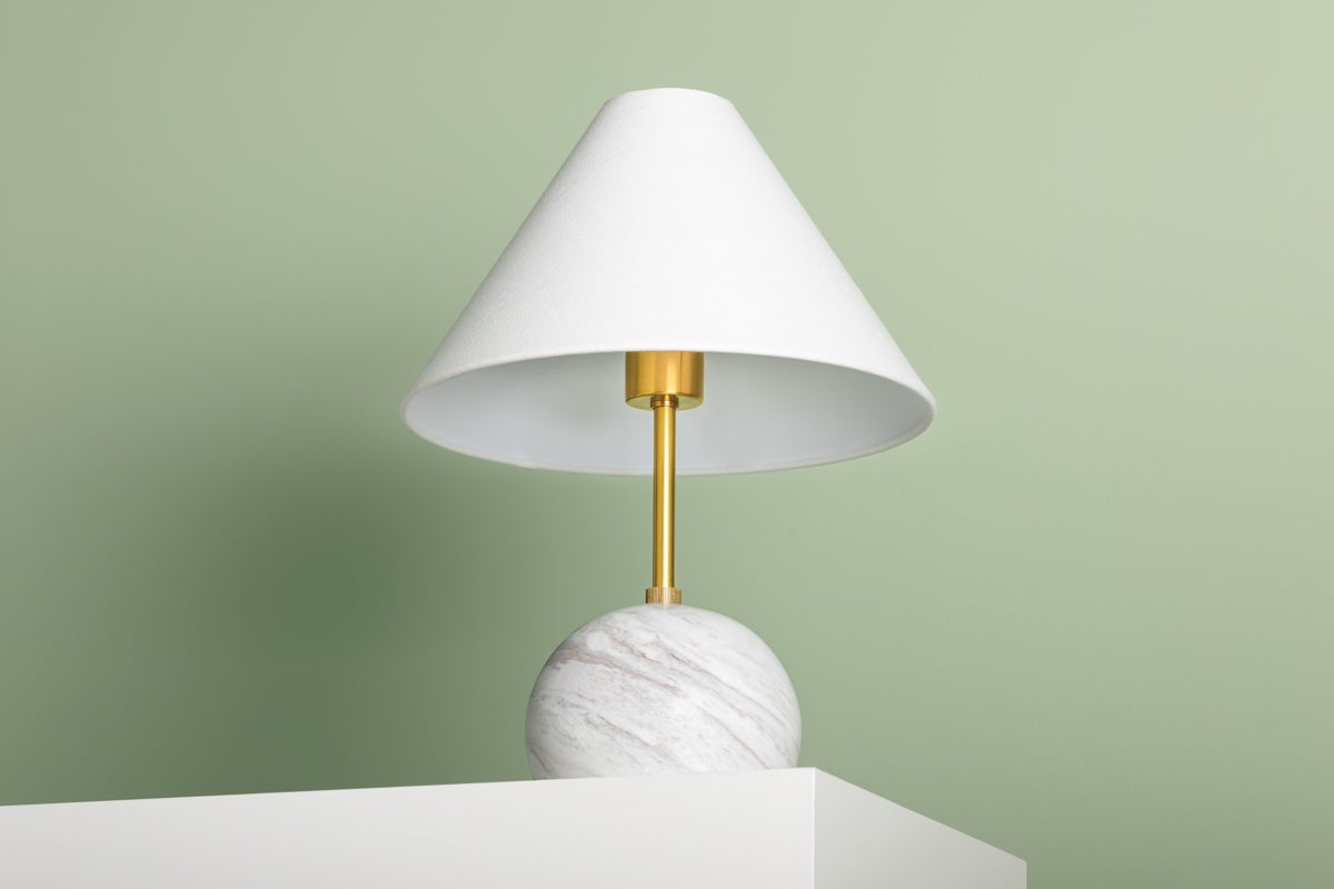 Mitzi-Petite Jewel Table Lamp in Calcutta Gold Marble and Aged Brass with White Linen Shade