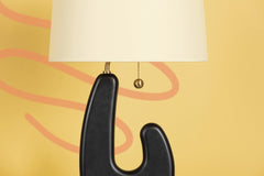 Mitzi-Regina Table Lamp with Beaded Pull Chain, Blackened Wood Base, Cream Shade, and Aged Brass Accents