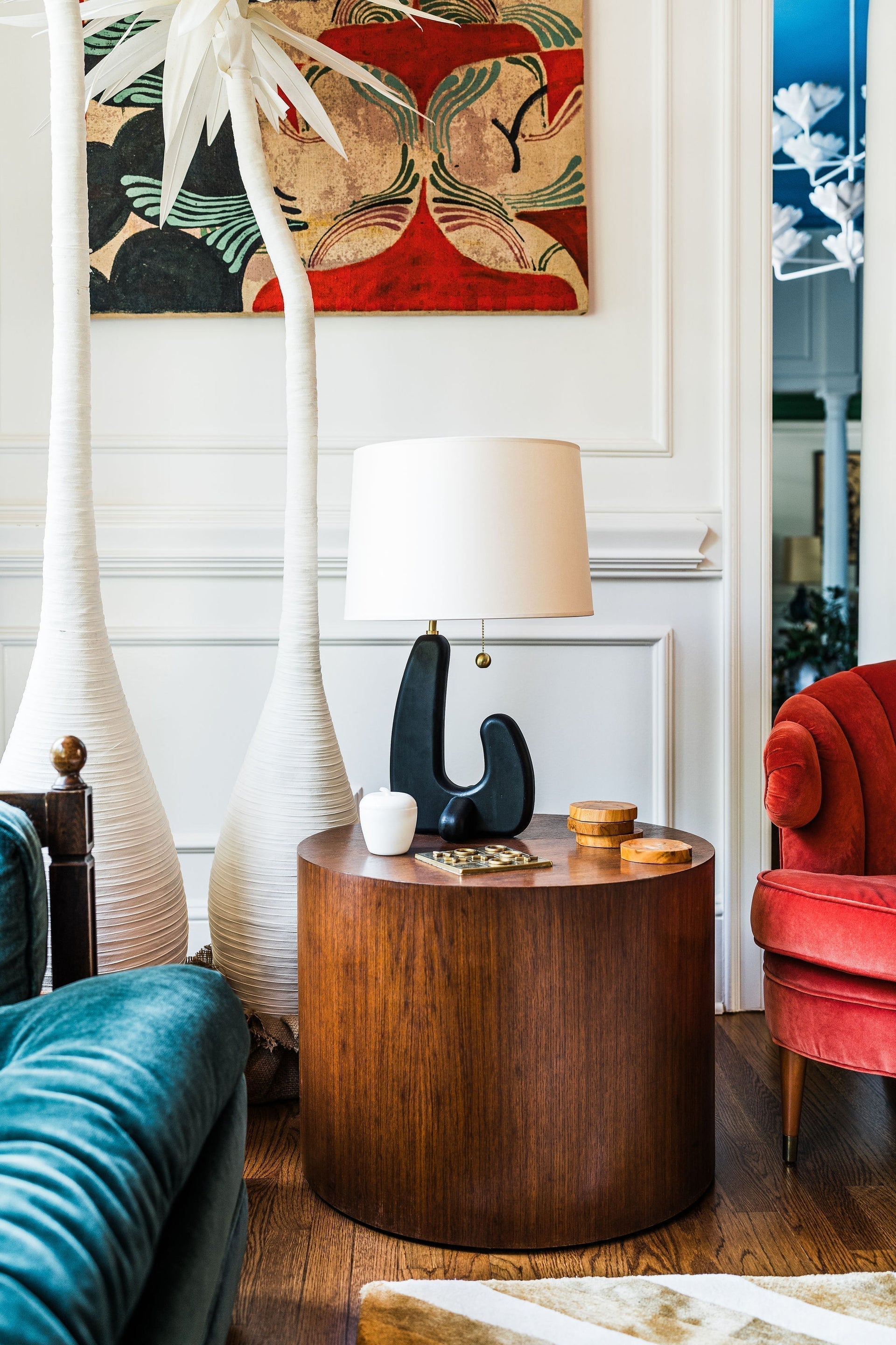 Mitzi-Regina Table Lamp with Beaded Pull Chain, Blackened Wood Base, Cream Shade, and Aged Brass Accents