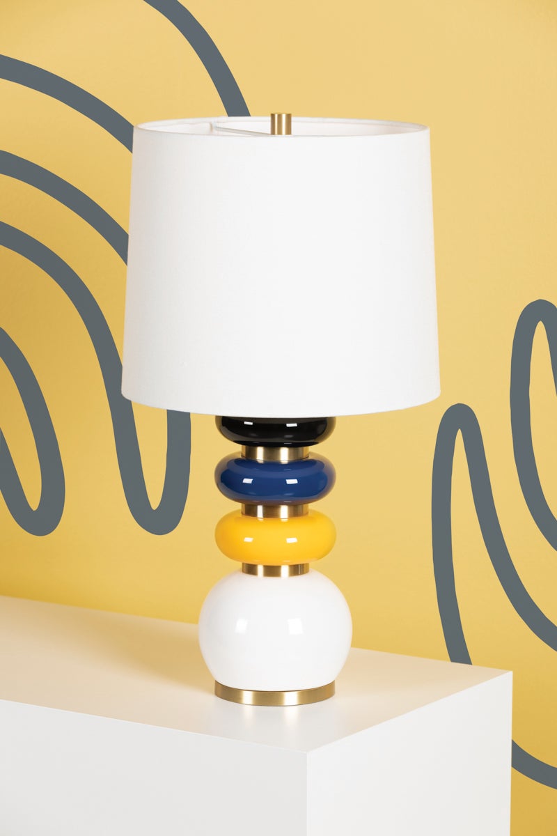 Mitzi Robyn Table Lamp with Stacked Aged Brass and Ceramic Base in Yellow, Blue, and Black