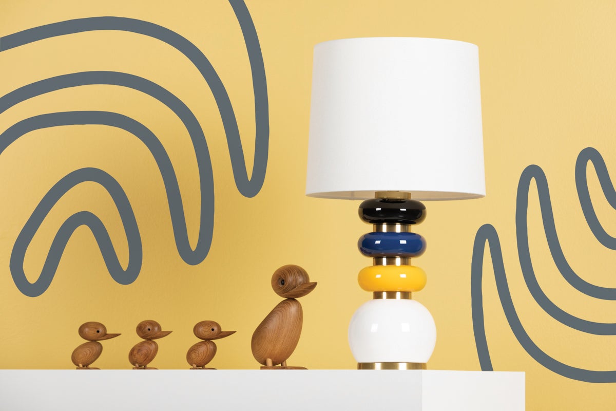 Mitzi Robyn Table Lamp with Stacked Aged Brass and Ceramic Base in Yellow, Blue, and Black