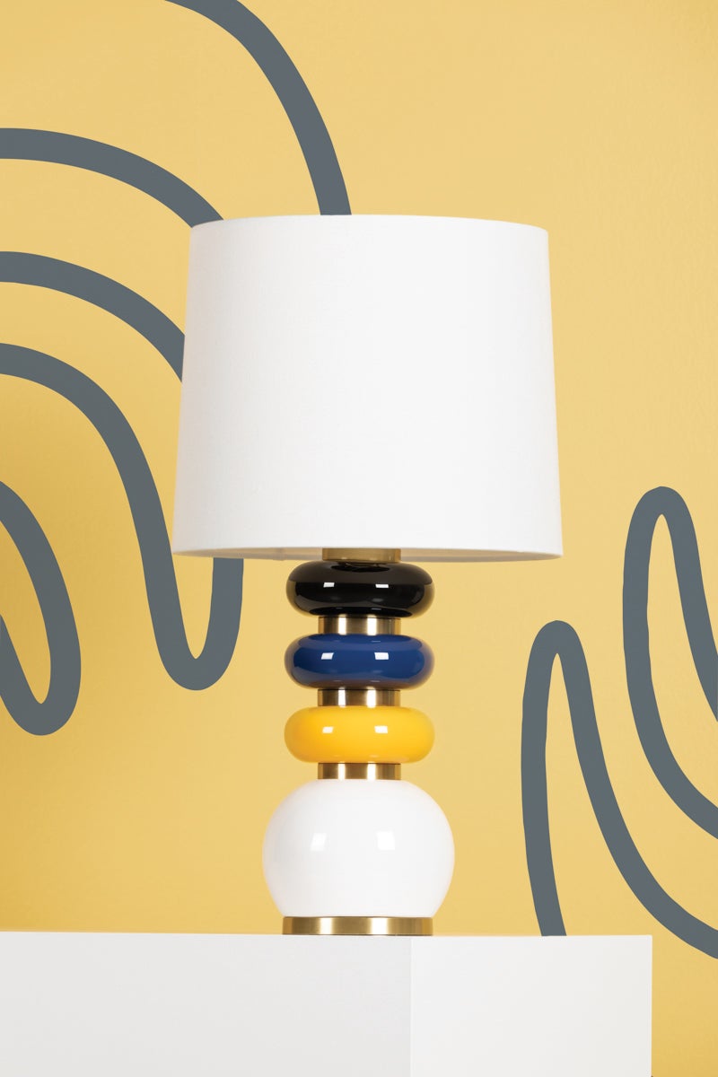 Mitzi Robyn Table Lamp with Stacked Aged Brass and Ceramic Base in Yellow, Blue, and Black