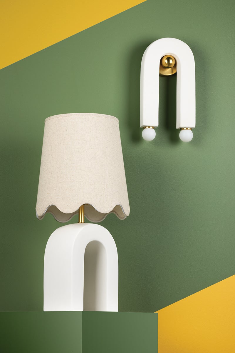 Mitzi-Roshani Table Lamp - Unique Matte White Ceramic Shape With Natural Linen Shade And Aged Brass Accents