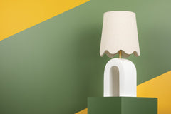 Mitzi-Roshani Table Lamp - Unique Matte White Ceramic Shape With Natural Linen Shade And Aged Brass Accents