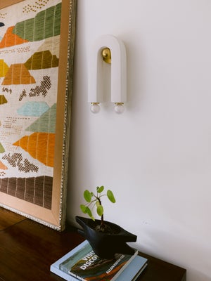 Mitzi-Roshani Wall Sconce With Matte White Ceramic, Aged Brass Backplate