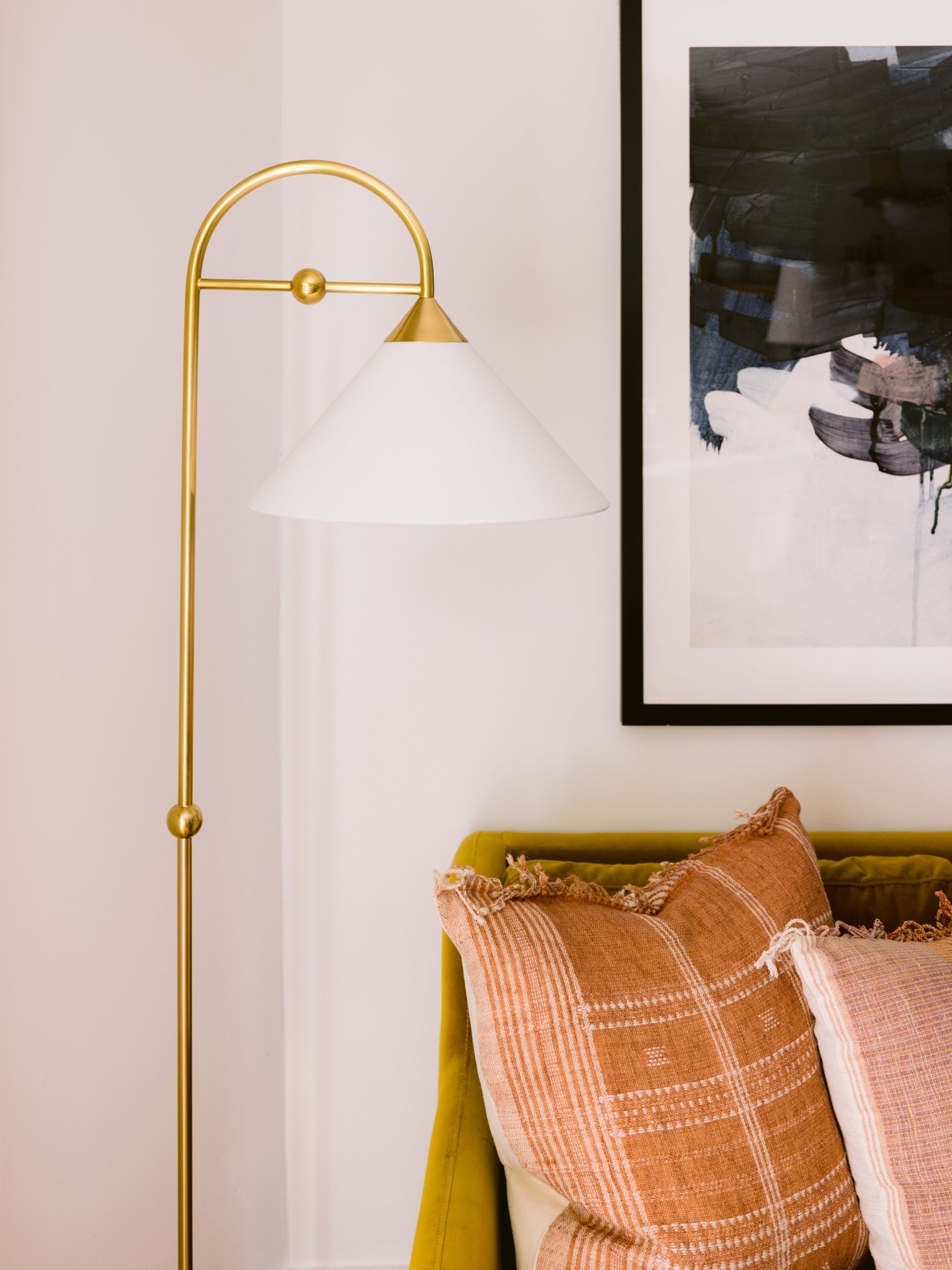 Mitzi-Sang Floor Lamp - Jewelry-Inspired Design with Aged Brass Finish and White Linen Shade