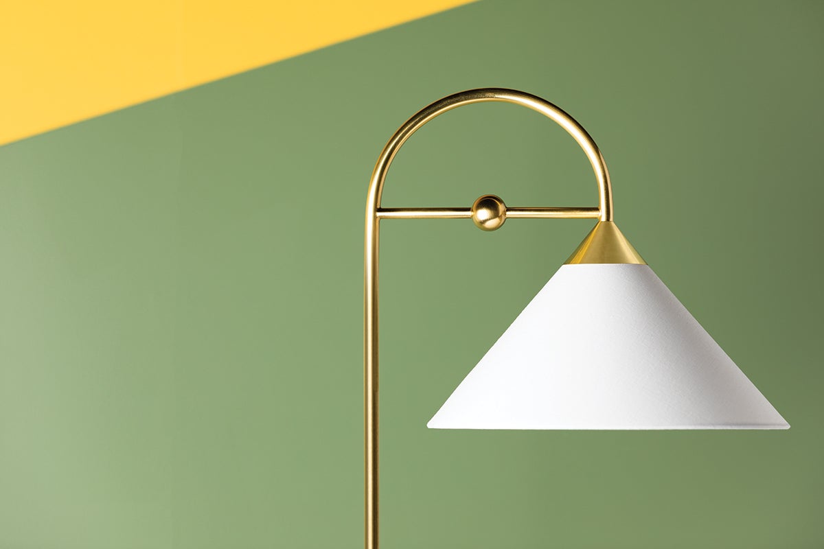 Mitzi-Sang Floor Lamp - Jewelry-Inspired Design with Aged Brass Finish and White Linen Shade