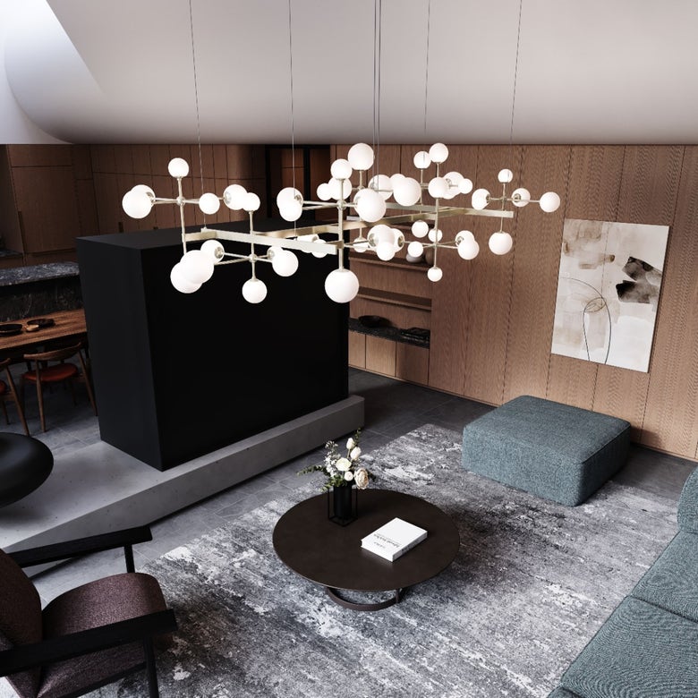 SONNEMAN Nebula Bar Chandelier – 8 Illuminated Glass Spheres on Linear Rectangular Beams for High Ceilings