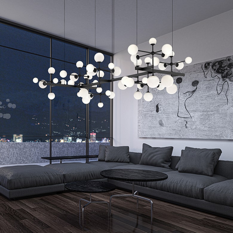 SONNEMAN Nebula Zig Zag Chandelier - Illuminating Glass Spheres in Expansive High-Ceiling Designs