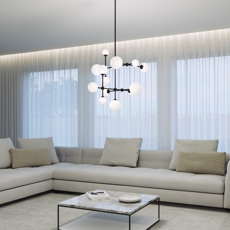 SONNEMAN Sabon Chandelier With Luminous Etched Glass Globes and Geometric Sculptural Design