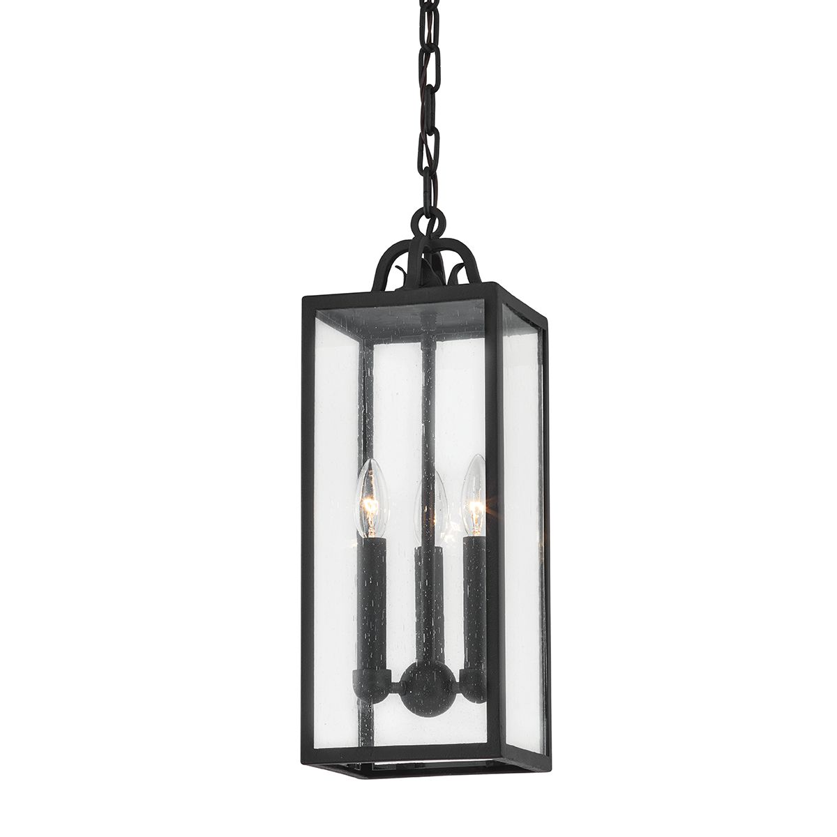 Troy Lighting Caiden Outdoor Hanging Lantern - Durable Forged Iron Frame with Elegant Clear Seeded Glass