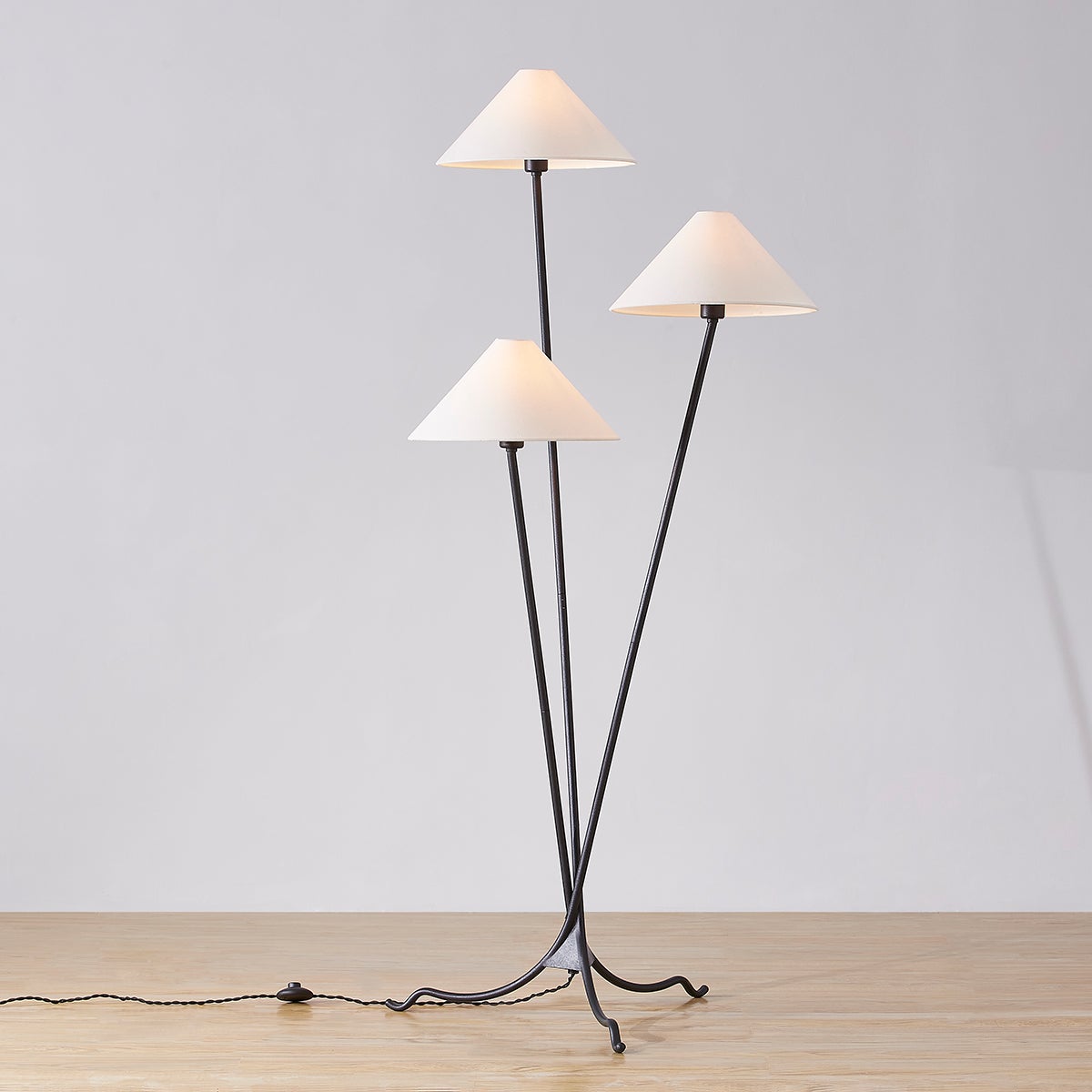 Troy Lighting Cedar Floor Lamp With Unique Tripod Base, 3 Tapered Off-White Linen Shades, Modern Design