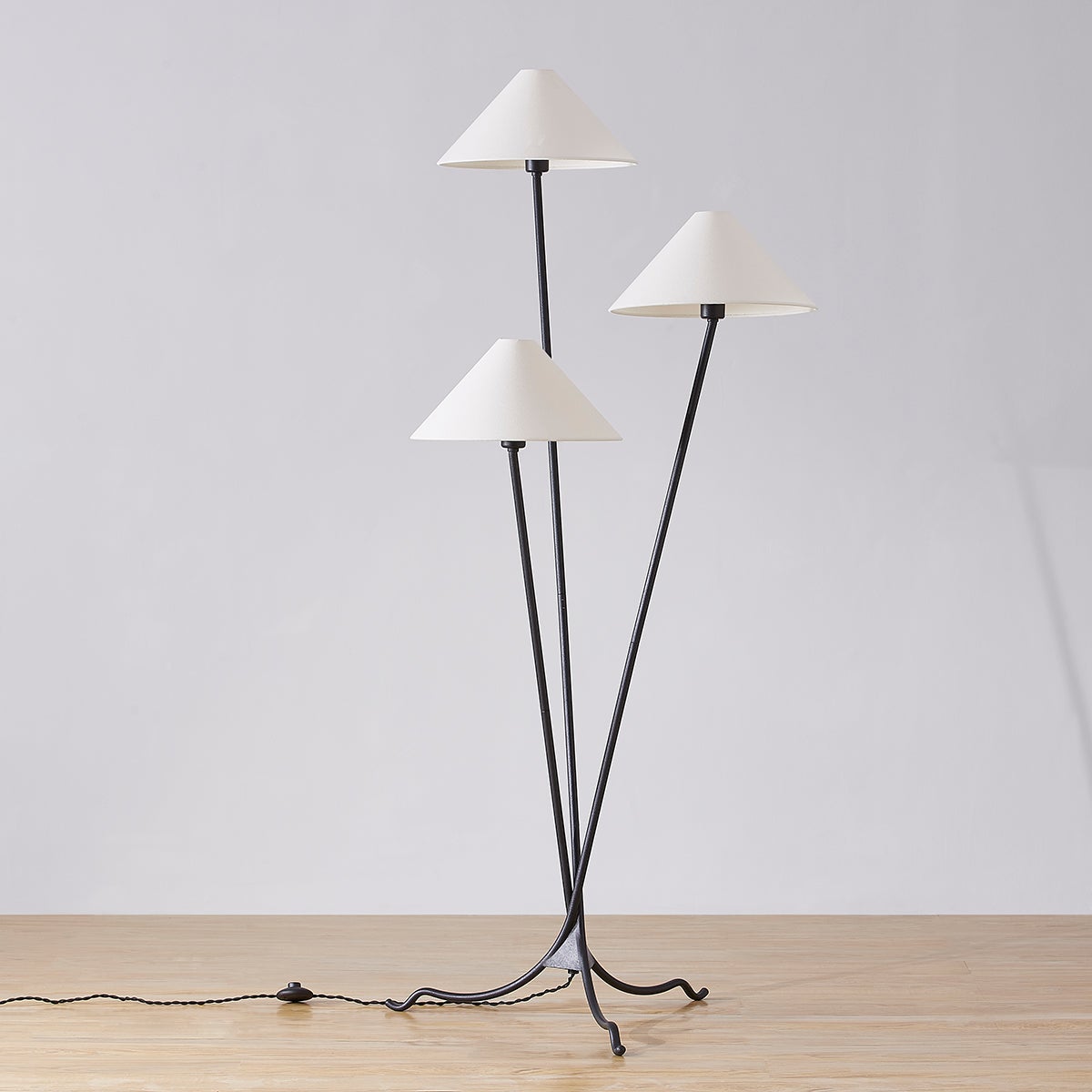 Troy Lighting Cedar Floor Lamp With Unique Tripod Base, 3 Tapered Off-White Linen Shades, Modern Design