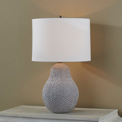 Troy Lighting-Crater Table Lamp - Ceramic White Gold Base with White Linen Shade, Inspired by Jackfruit Design