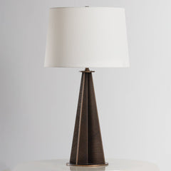 Troy Lighting-Finn Table Lamp With Fin-Shaped Bronze Leaf Body And Grained Off-White Linen Shade