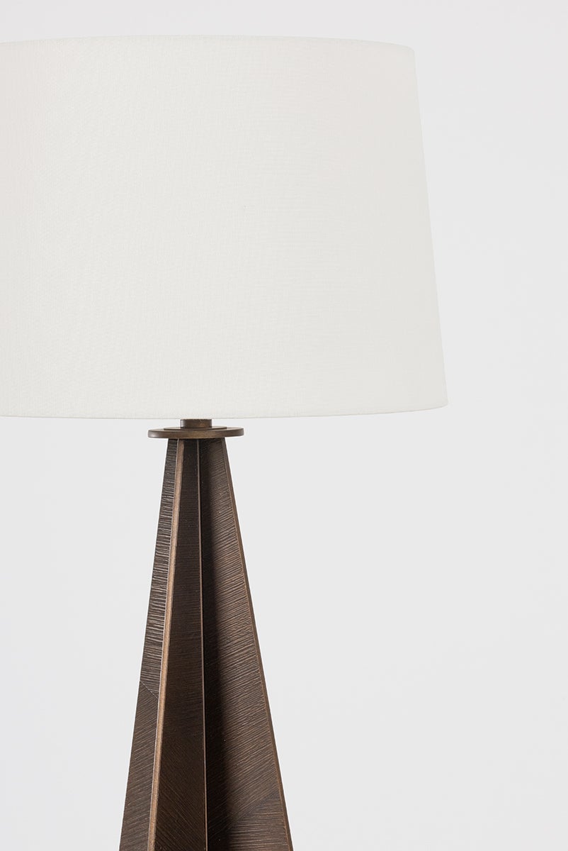 Troy Lighting-Finn Table Lamp With Fin-Shaped Bronze Leaf Body And Grained Off-White Linen Shade