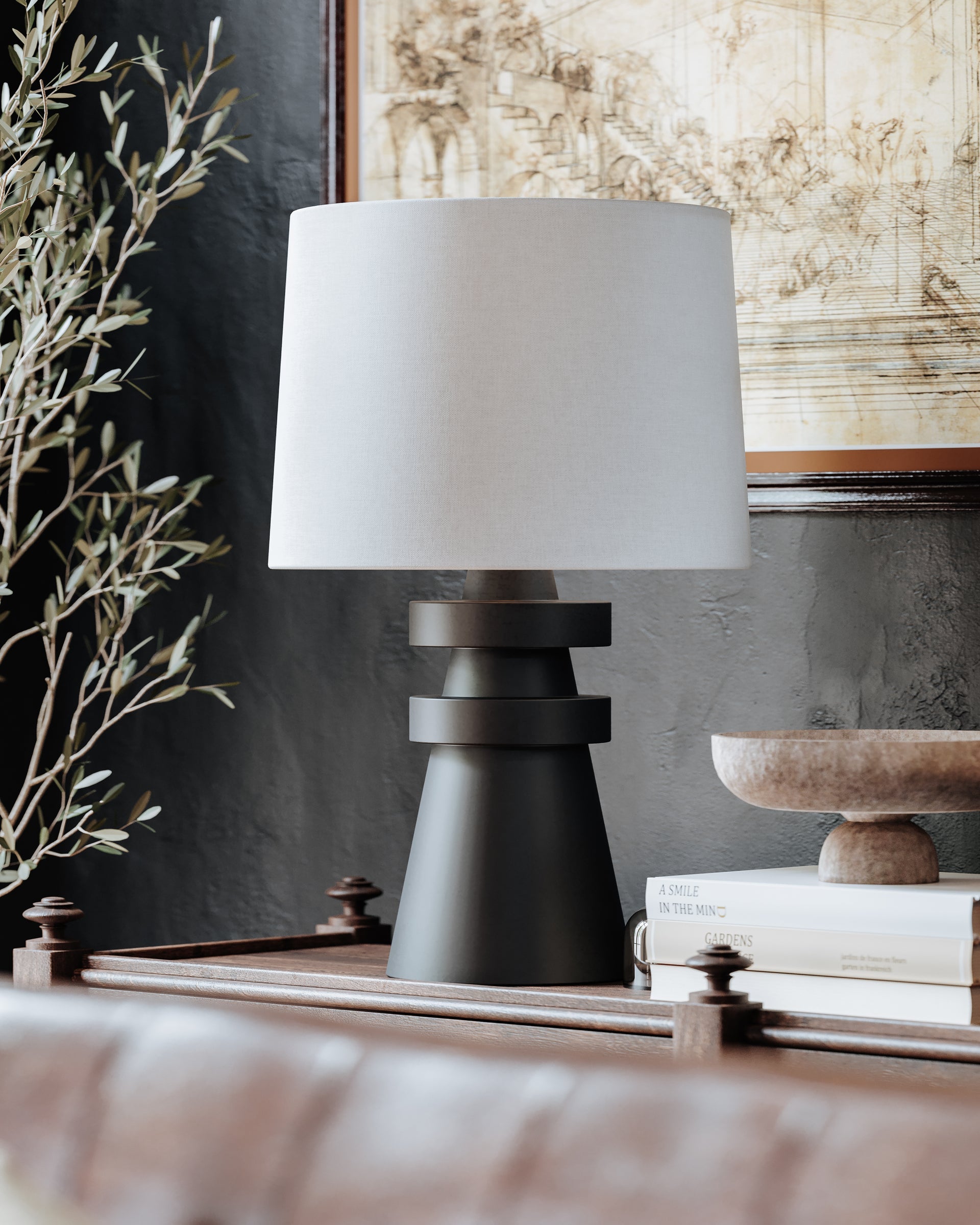 Troy Lighting Grover Table Lamp - Sculptural Charcoal Ceramic Base with Off-White Linen Drum Shade