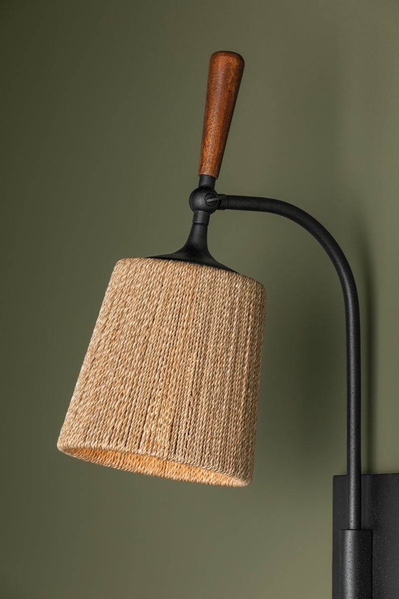 Troy Lighting Harlyn Mid-Century Modern Wall Sconce with Abaca Cord Shade and Acacia Wood Accents