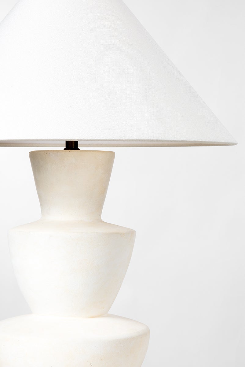 Troy Lighting-Kamas Table Lamp - Organic Ivory Ceramic with Tapered Off-White Linen Shade and Brass Accents