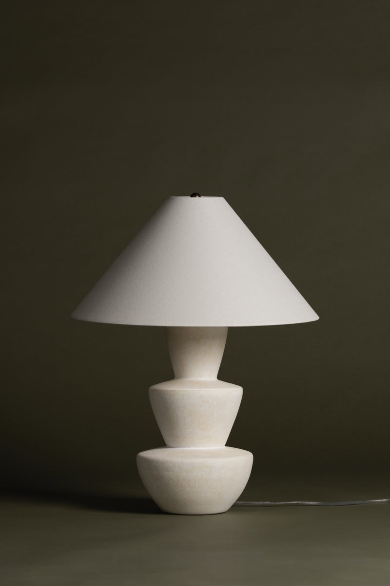 Troy Lighting-Kamas Table Lamp - Organic Ivory Ceramic with Tapered Off-White Linen Shade and Brass Accents