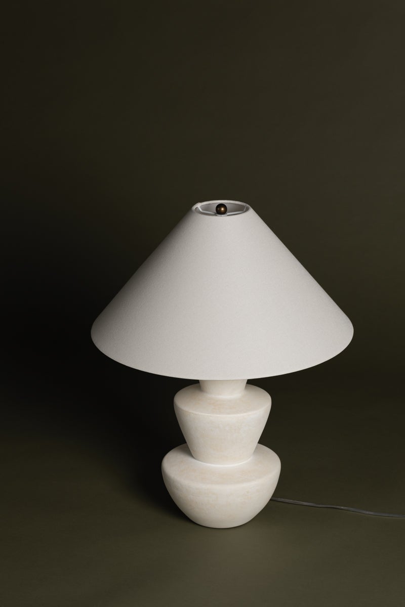 Troy Lighting-Kamas Table Lamp - Organic Ivory Ceramic with Tapered Off-White Linen Shade and Brass Accents