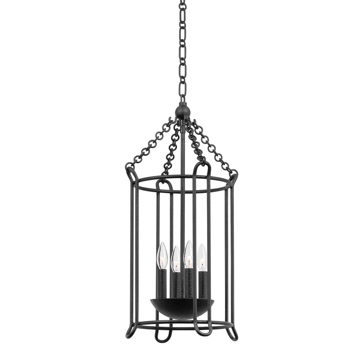 Troy Lighting Lassen Lantern: Elegant Hanging Light with Airy Cage Design and 4 Candlestick Holders in Black Iron or Vintage Gold Leaf