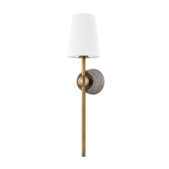 Troy Lighting Los Vilos Torch-Like Wall Sconce with Grey Travertine Backplate and White Linen Shade