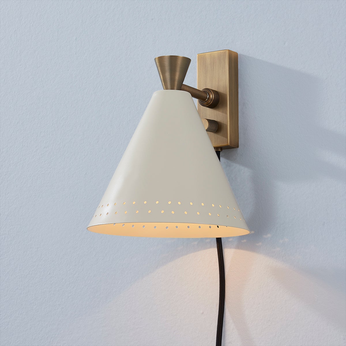 Troy Lighting Marvin Plug-In Sconce With Conical Shade, Patina Brass Accent, Uplight/Downlight Options