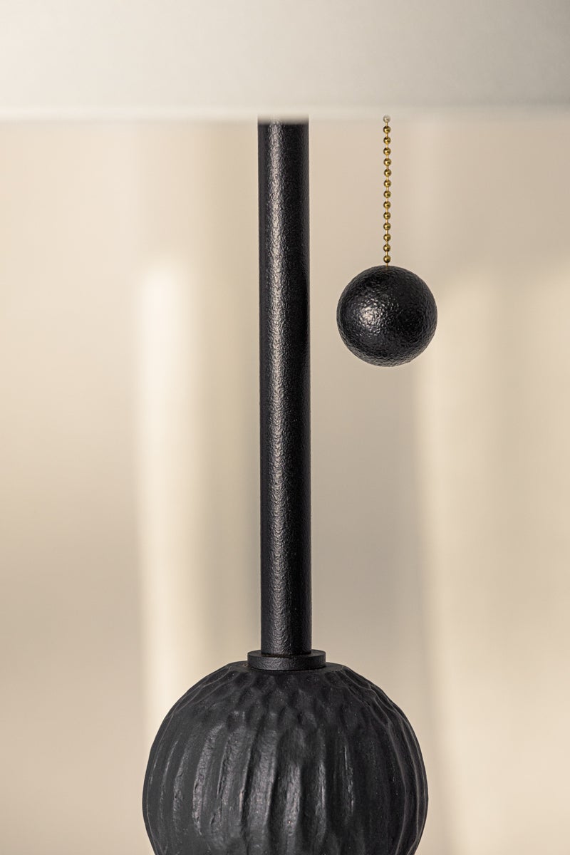 Troy Lighting Miela Floor Lamp - Totem-Style Design with Black Motif Ceramic and Oversized Pull Chain, Off-White Shade