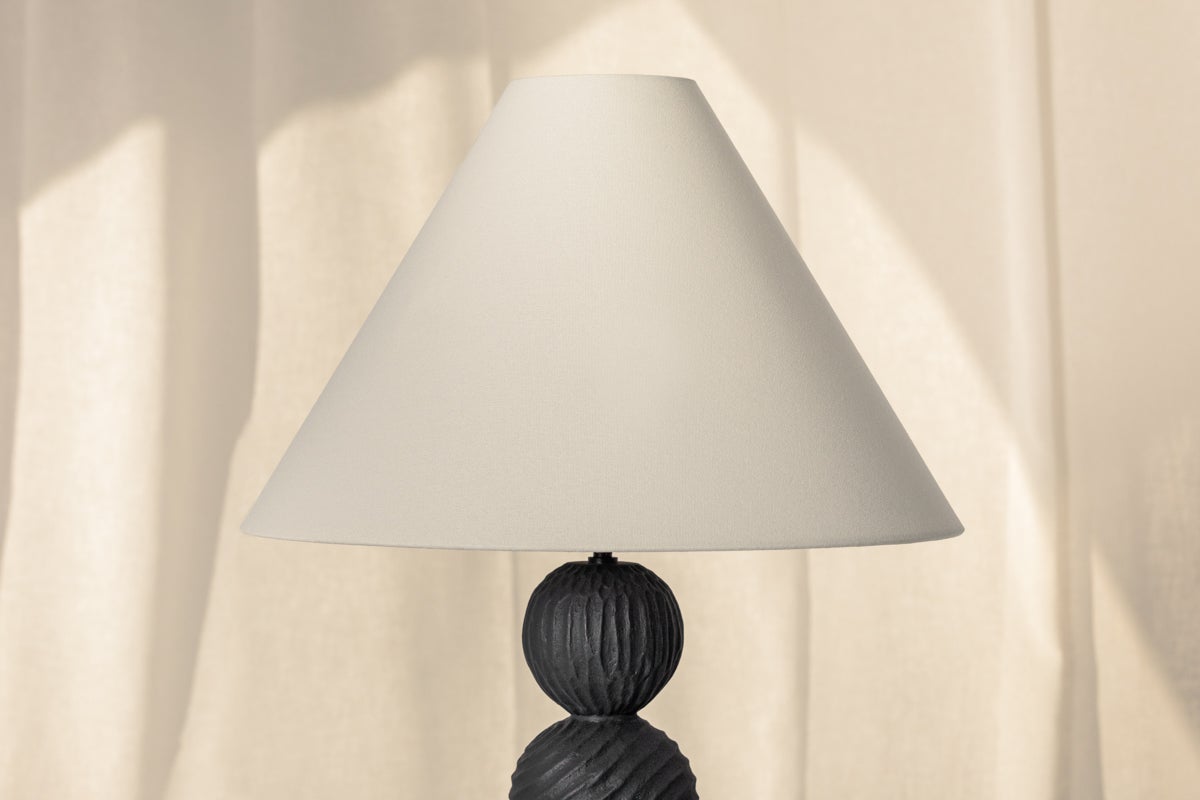 Troy Lighting-Miela Table Lamp – Black Motif Ceramic, Folk Art Design, Off-White Linen Shade, 30-Inch Height