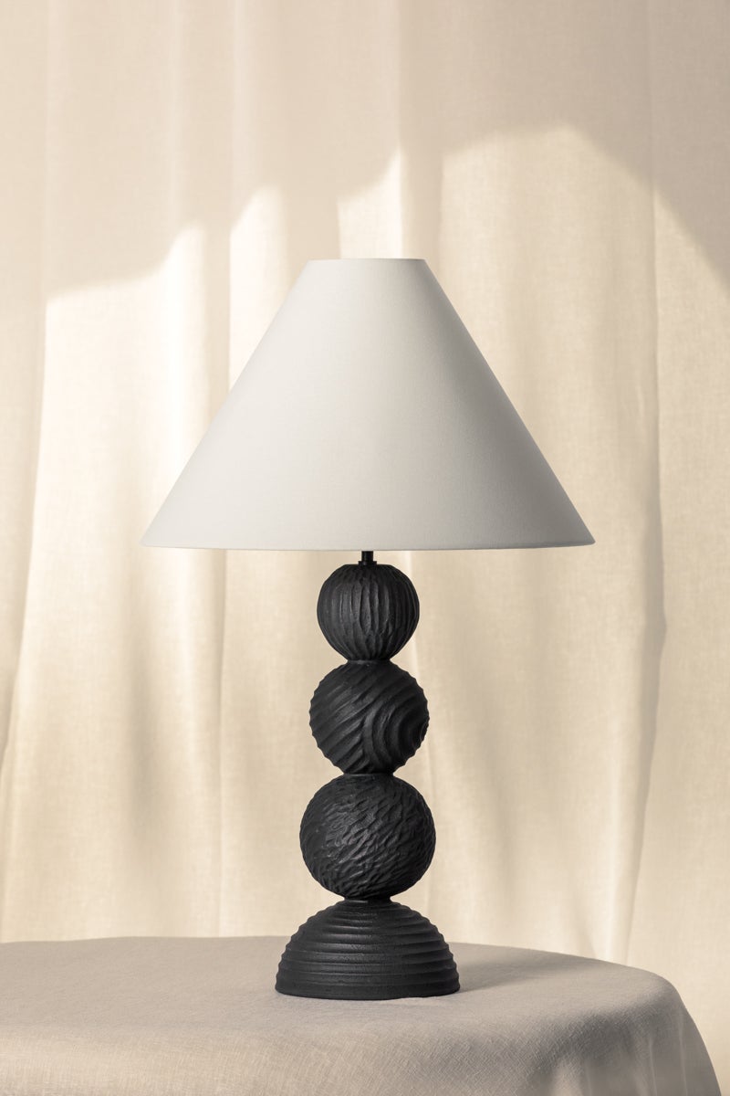 Troy Lighting-Miela Table Lamp – Black Motif Ceramic, Folk Art Design, Off-White Linen Shade, 30-Inch Height