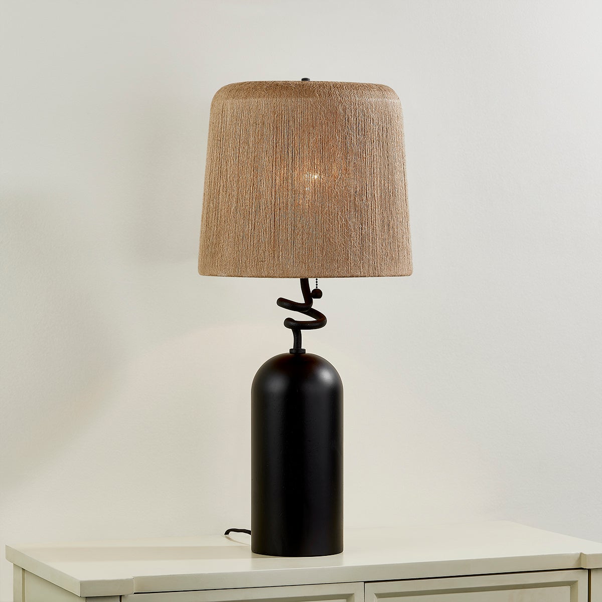 Troy Lighting Morri Table Lamp - Charred Wood Base, Artfully Twisted Neck, Natural Abaca String Shade