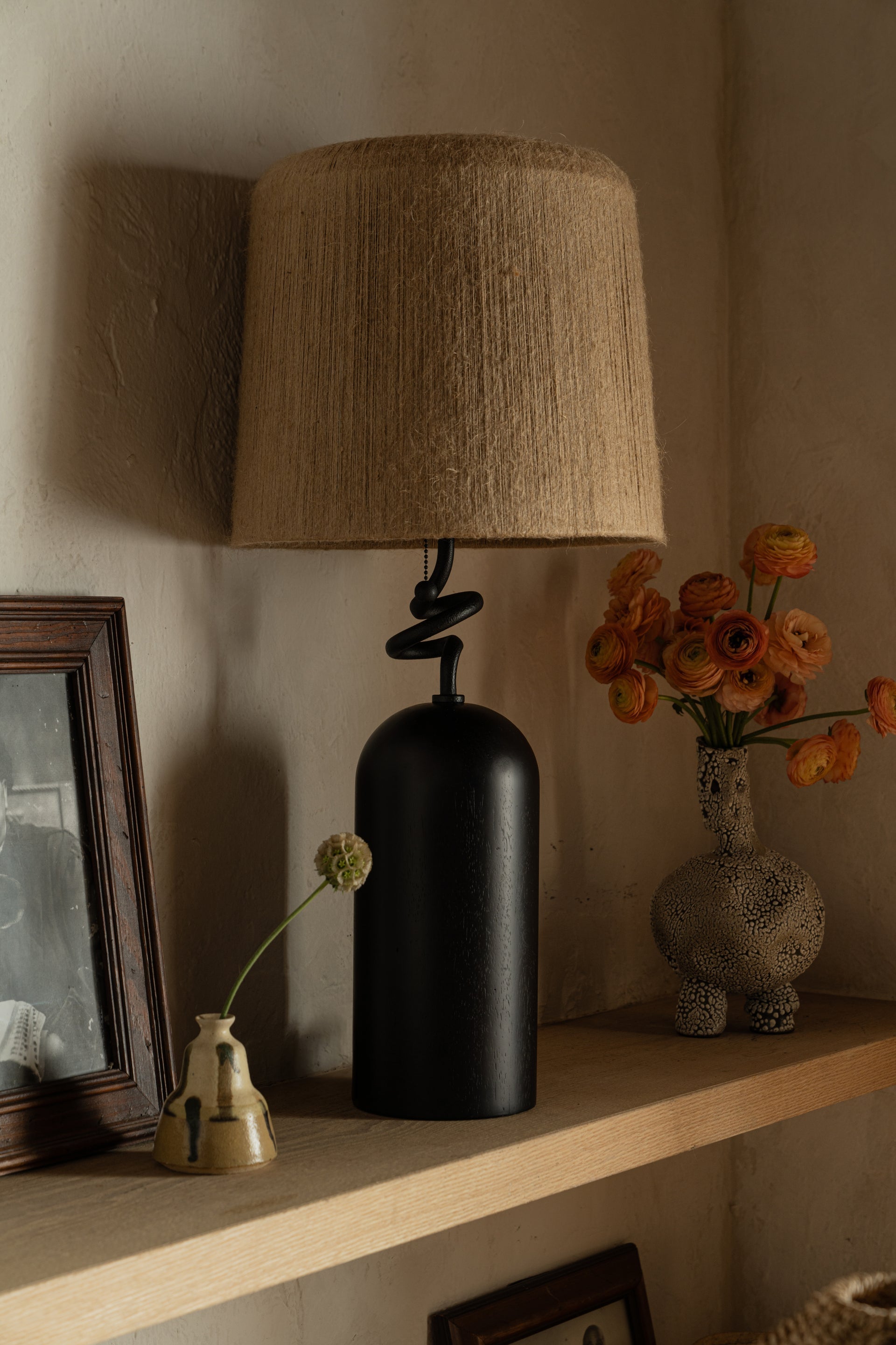 Troy Lighting Morri Table Lamp - Charred Wood Base, Artfully Twisted Neck, Natural Abaca String Shade