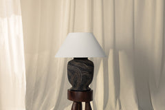 Troy Lighting-Pecola Table Lamp with Windswept Ash Ceramic Body and Off-White Linen Shade, Patina Brass Accents