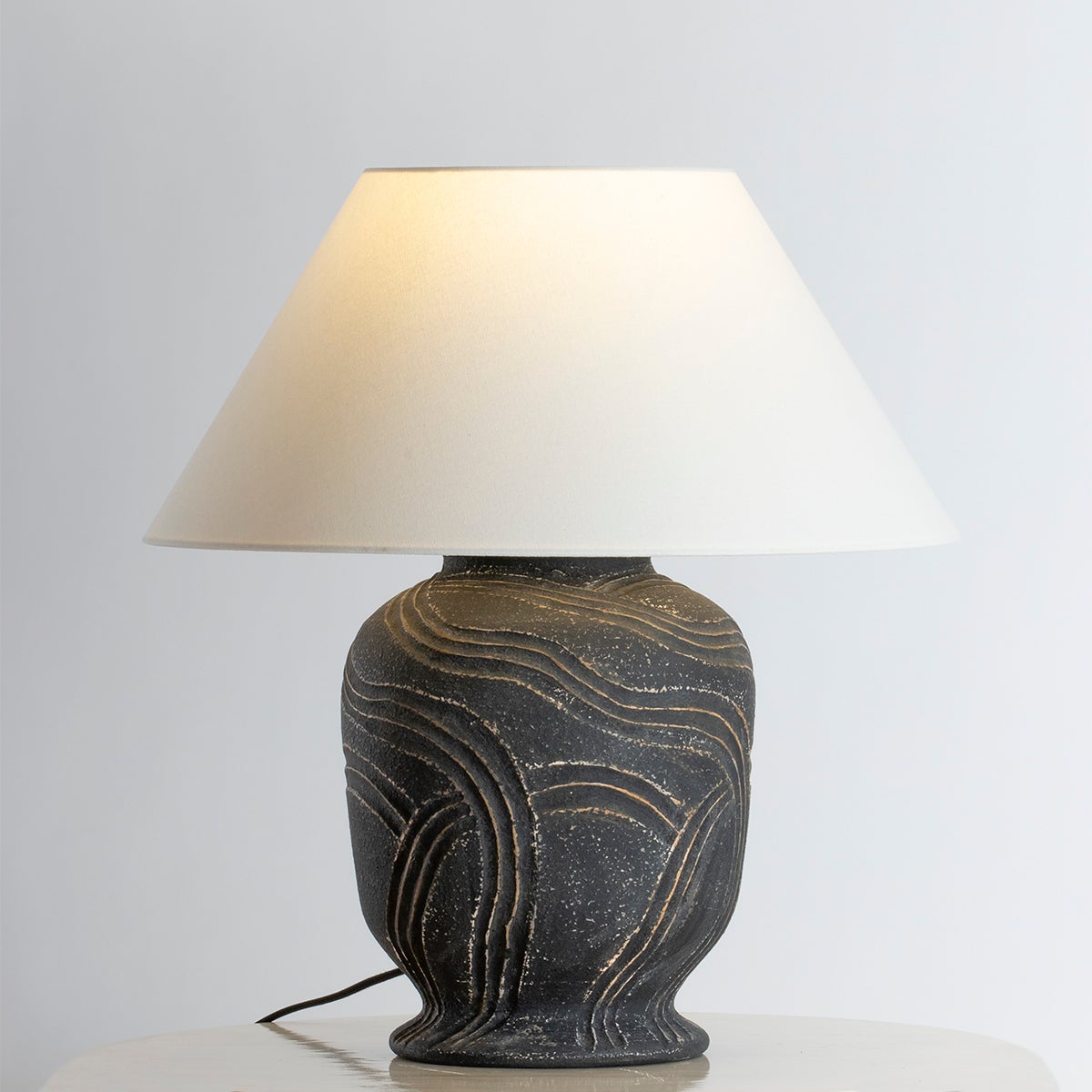 Troy Lighting-Pecola Table Lamp with Windswept Ash Ceramic Body and Off-White Linen Shade, Patina Brass Accents