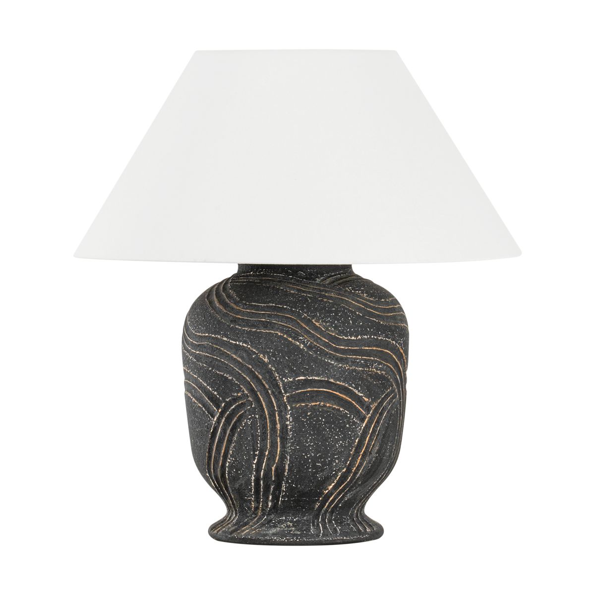 Troy Lighting-Pecola Table Lamp with Windswept Ash Ceramic Body and Off-White Linen Shade, Patina Brass Accents