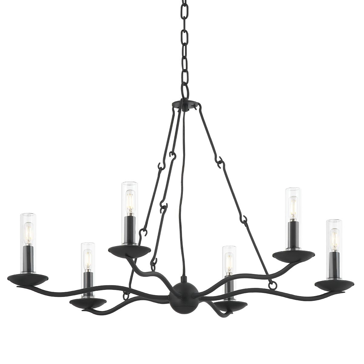 Troy Lighting Sawyer Outdoor Chandelier With Curved Arms, Forged Iron Finish, Glass-Covered Candlesticks